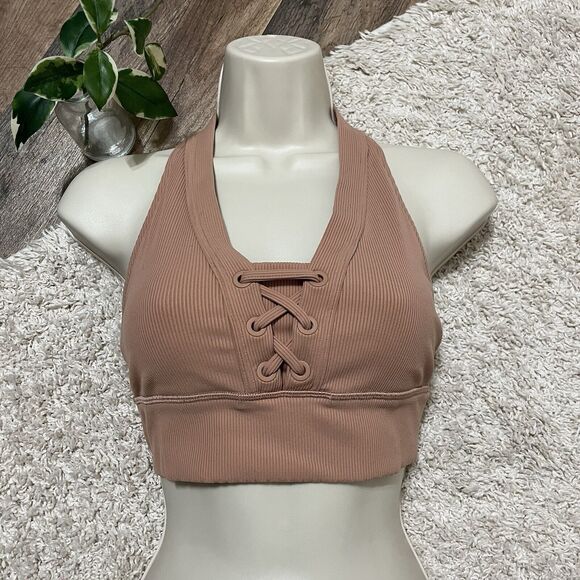 Offline by Aerie Brown Ribbed Knit Lace Up Longline Extensible Sports Bra - Picture 2 of 5
